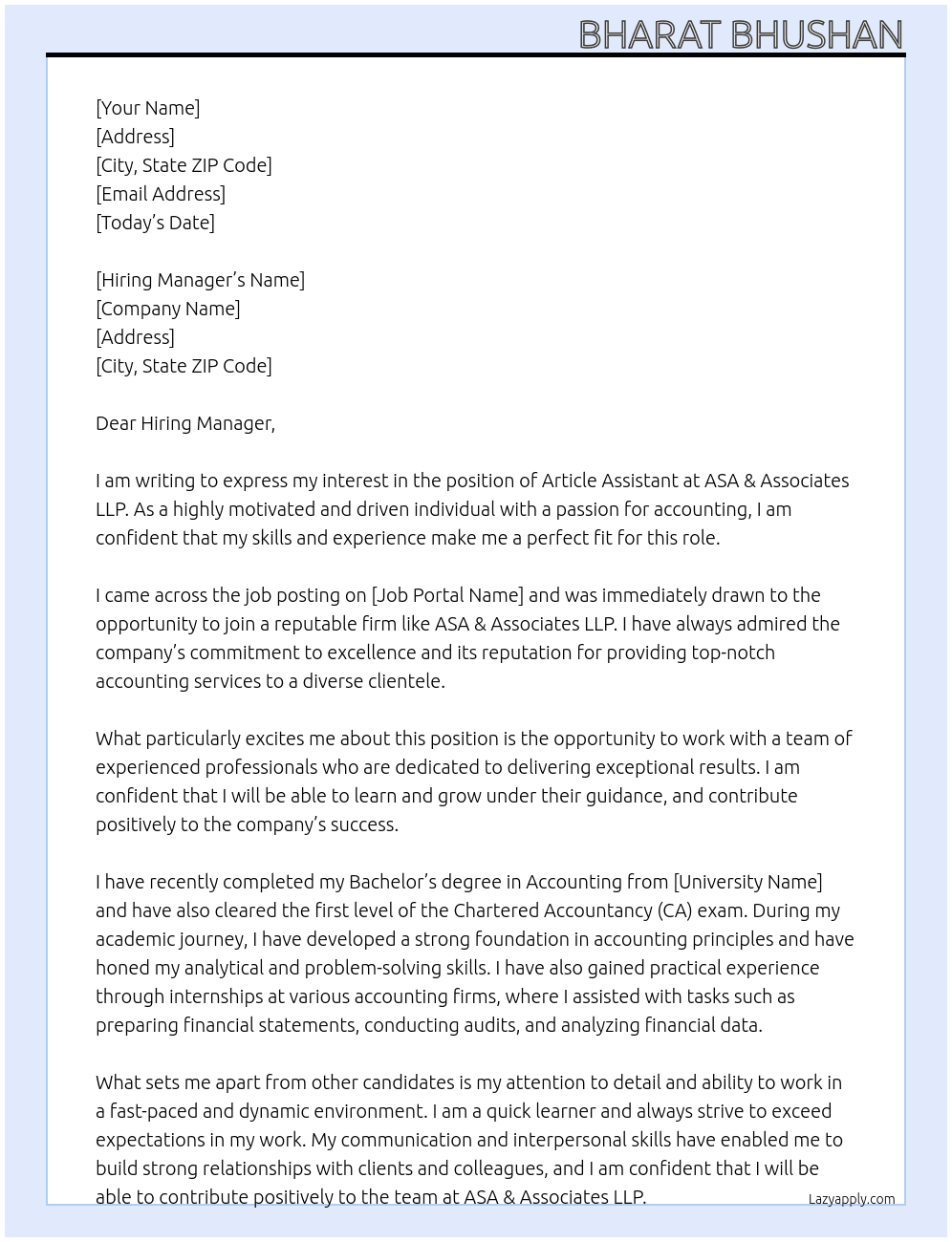Article Assistant  At ASA & Associates LLP Cover Letter