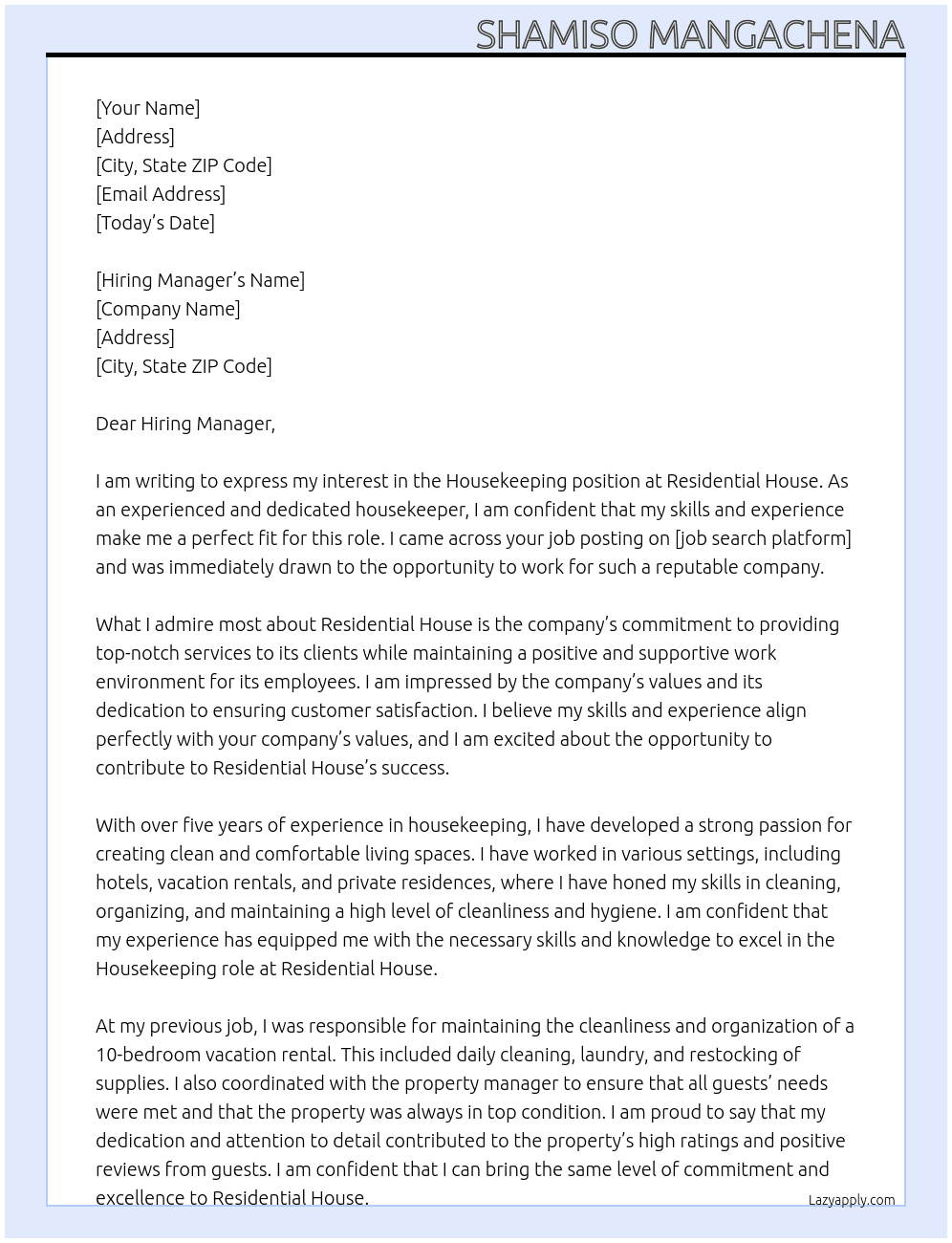 Housekeeping  At Residential house Cover Letter