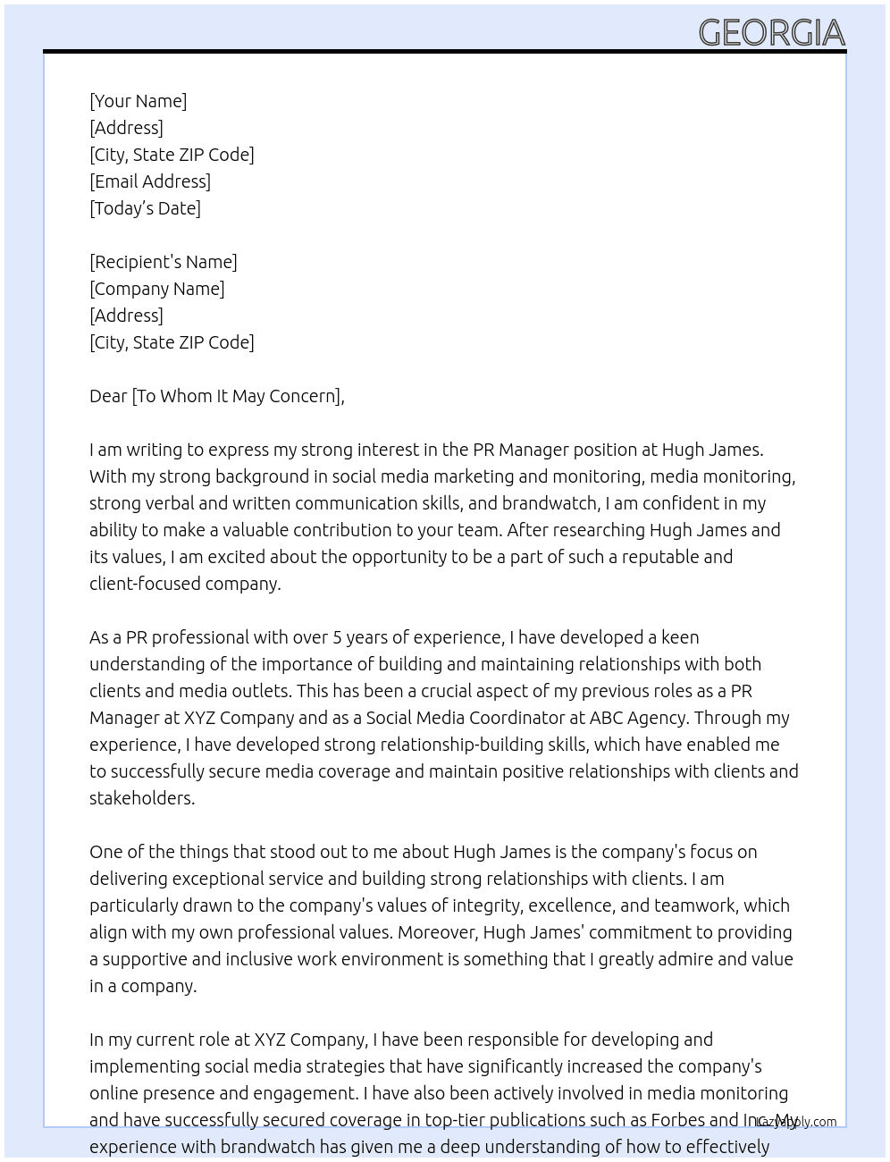 PR Manager At Hugh James Cover Letter