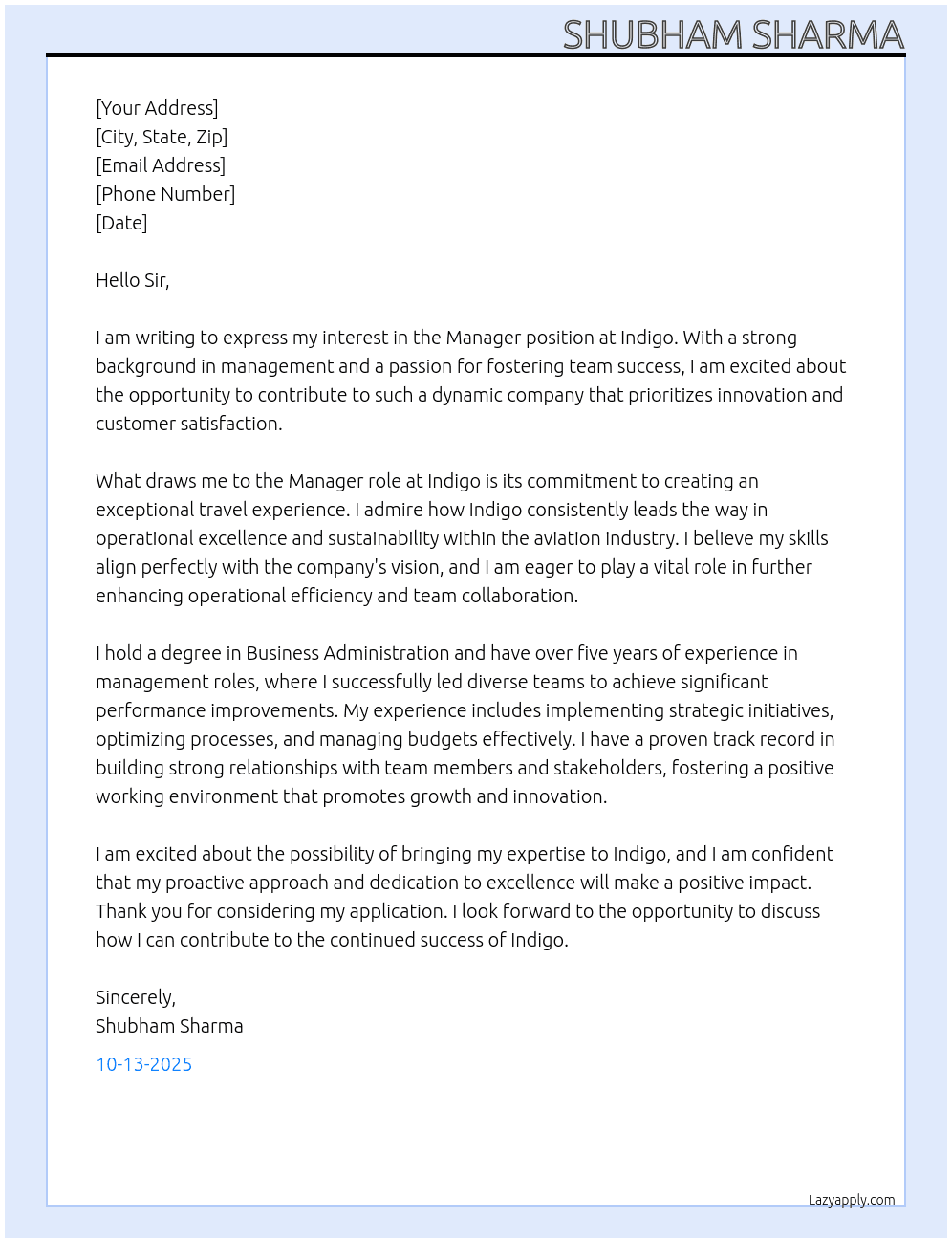 Cover letter for manger - LazyApply