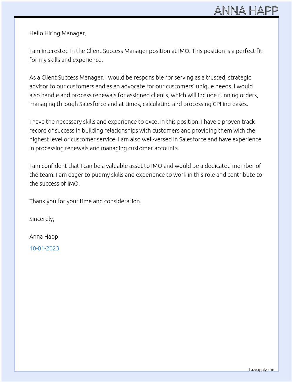 Client Success Manager At IMO Cover Letter