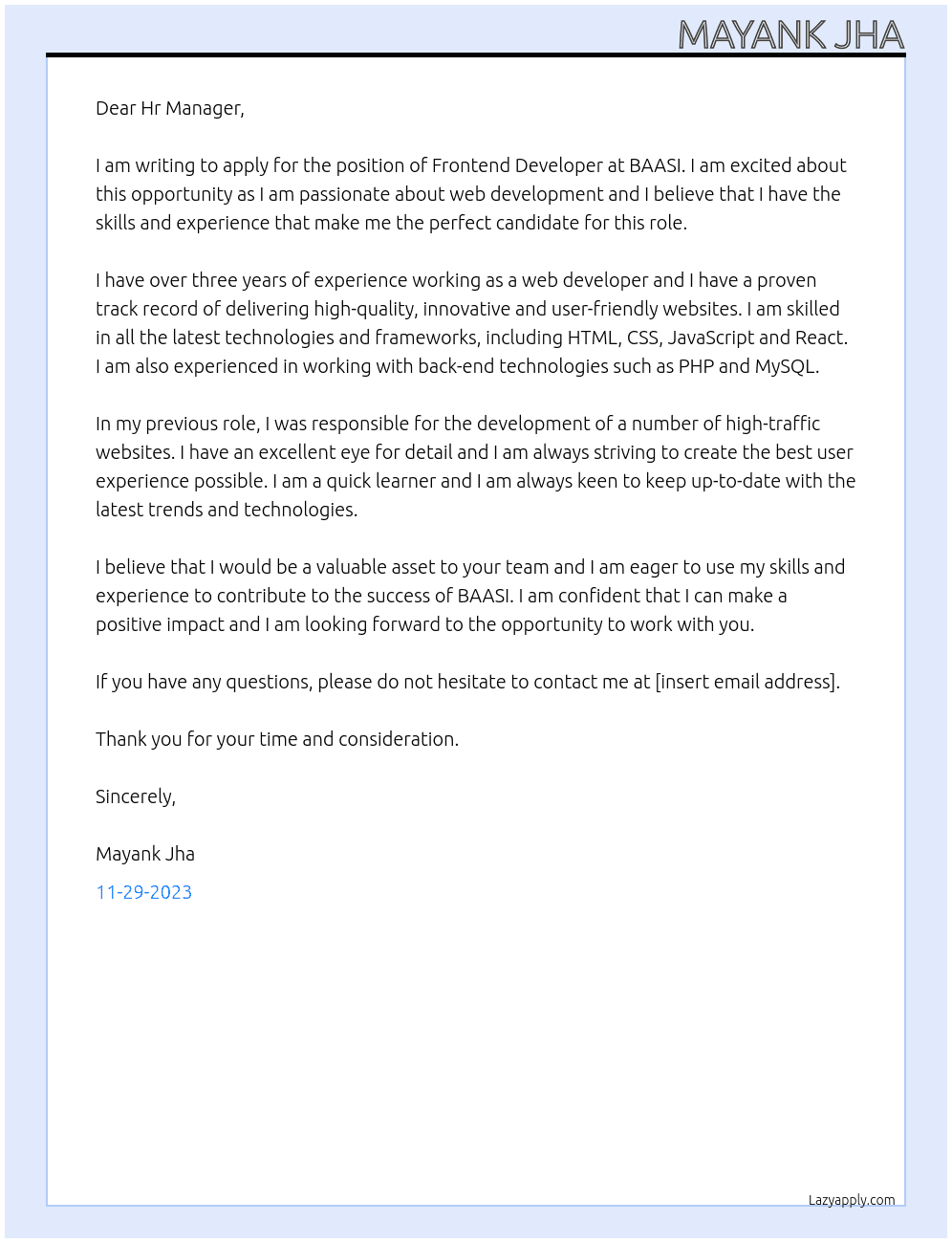 Frontend Developer At BAASI Cover Letter