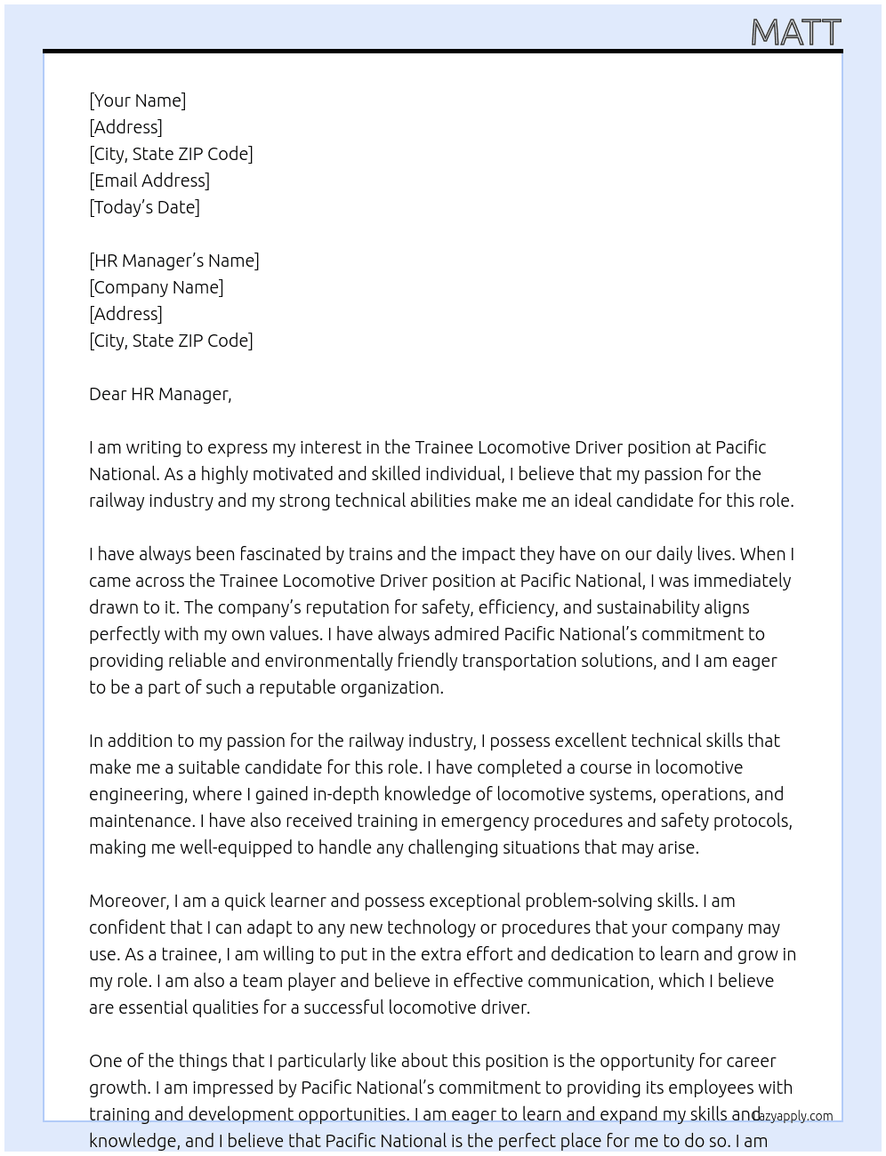  Trainee Locomotive Driver At Pacific National  Cover Letter