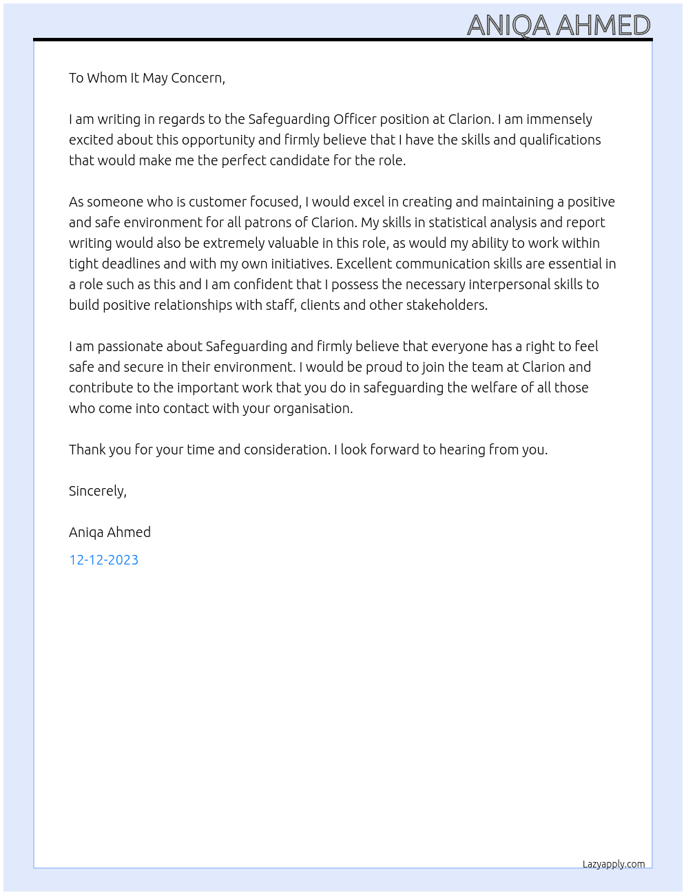 Safeguarding Officer At Clarion Cover Letter