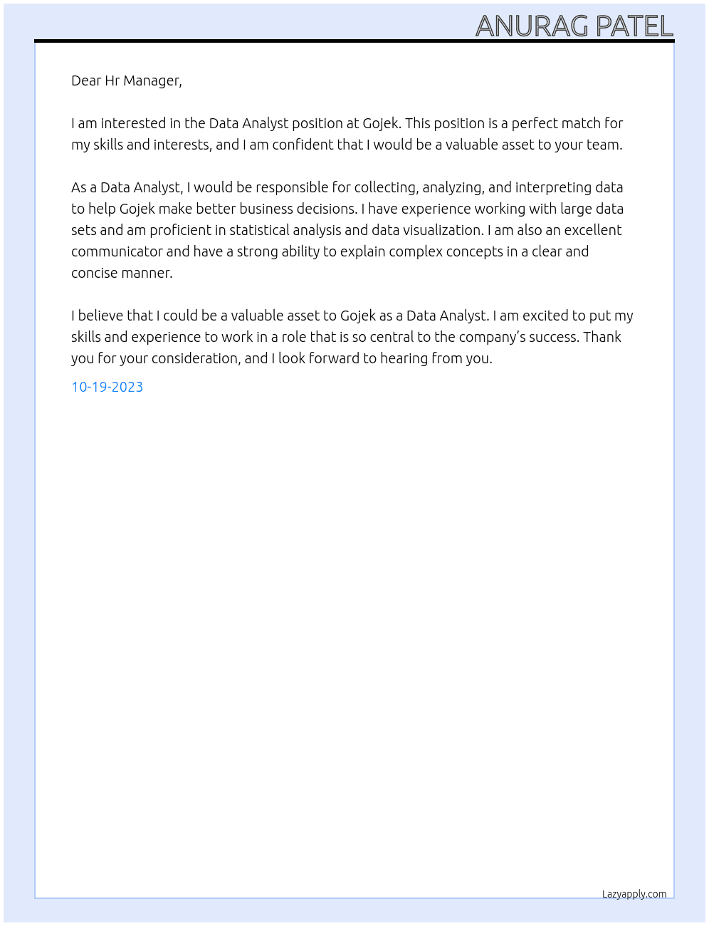 Data Analyst At Gojek Cover Letter