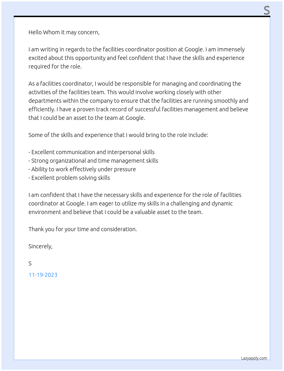 facilities coordinator At Google Cover Letter