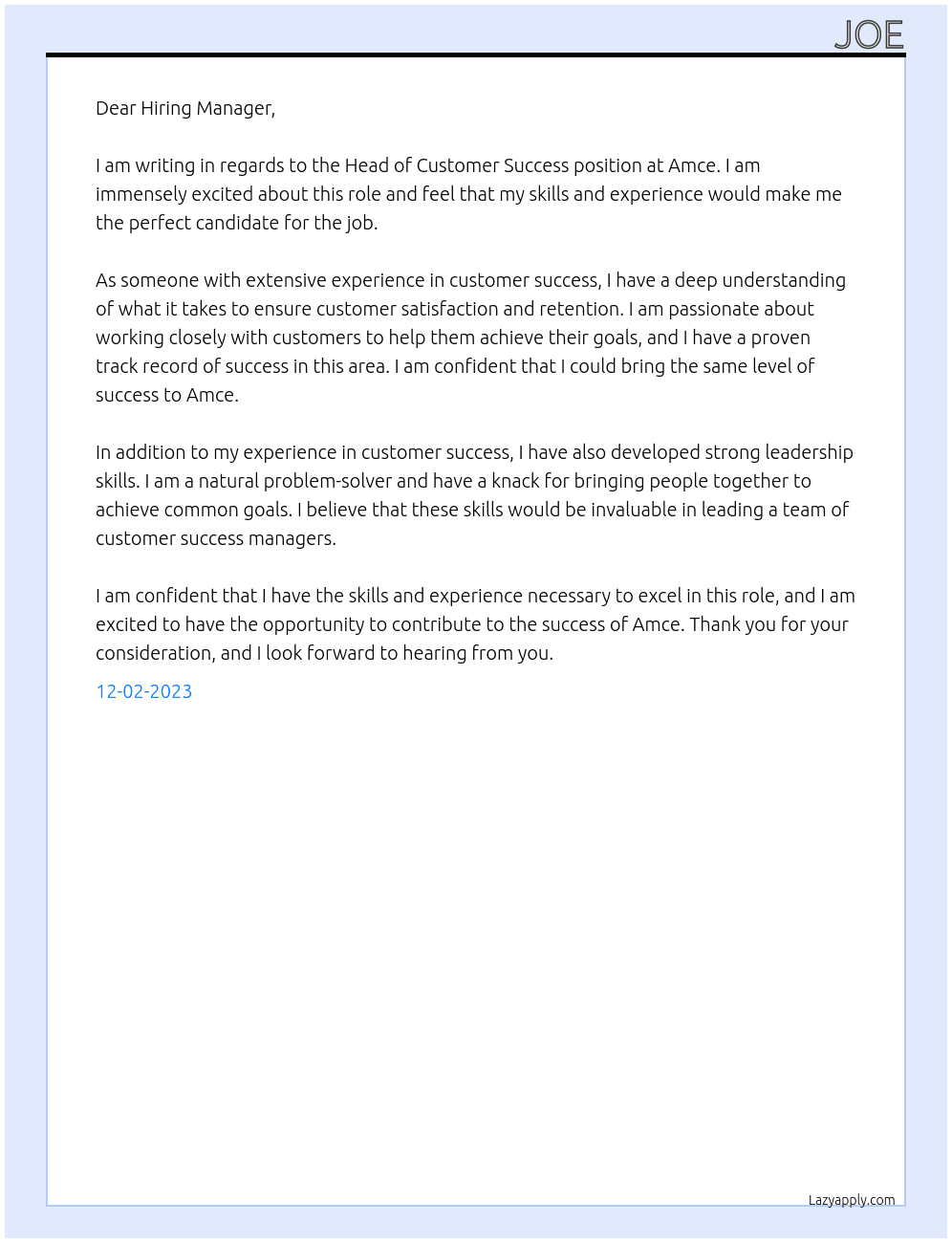 Head of customer success At Amce Cover Letter