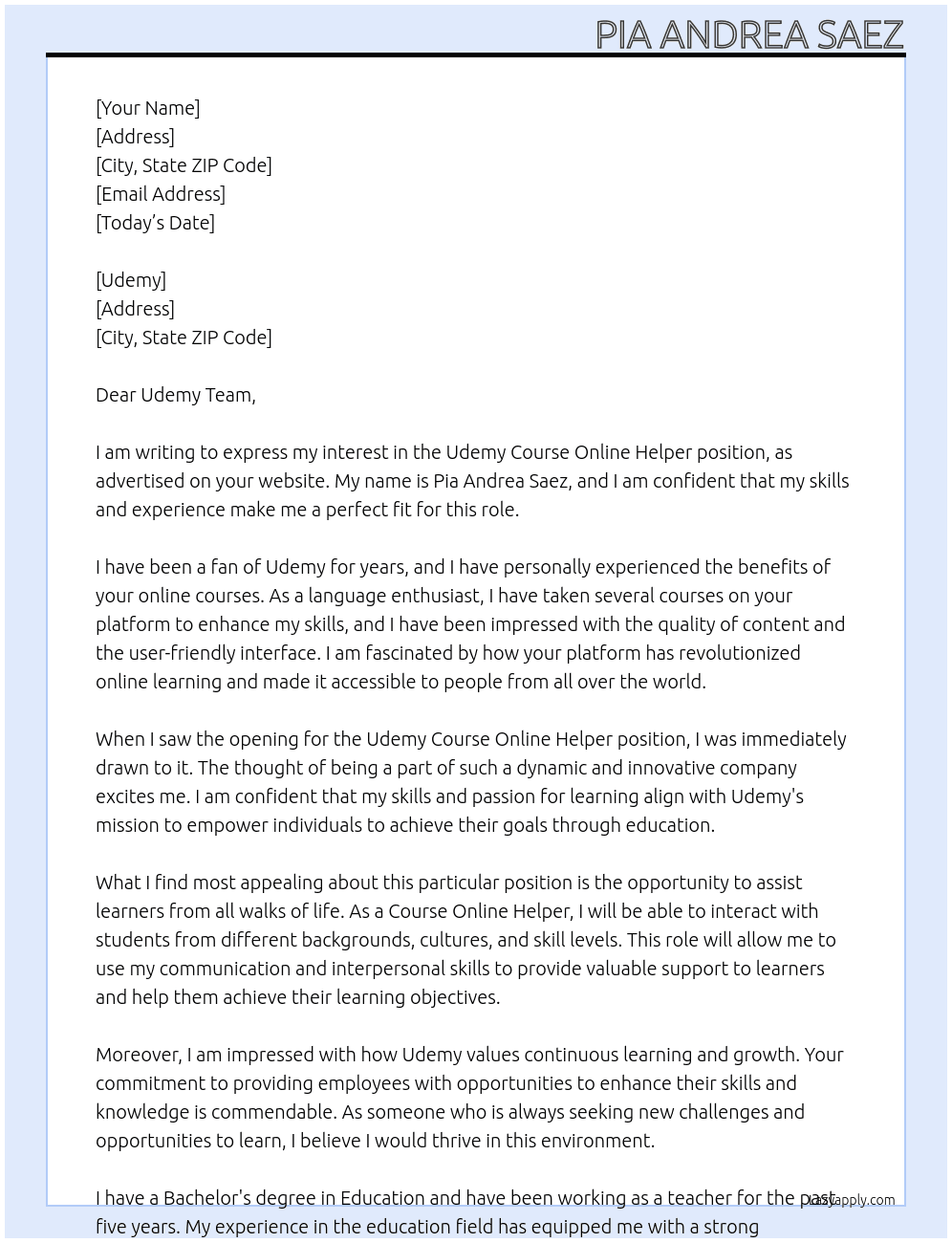 Udemy Course Online Helper Needed At Udemy  Cover Letter
