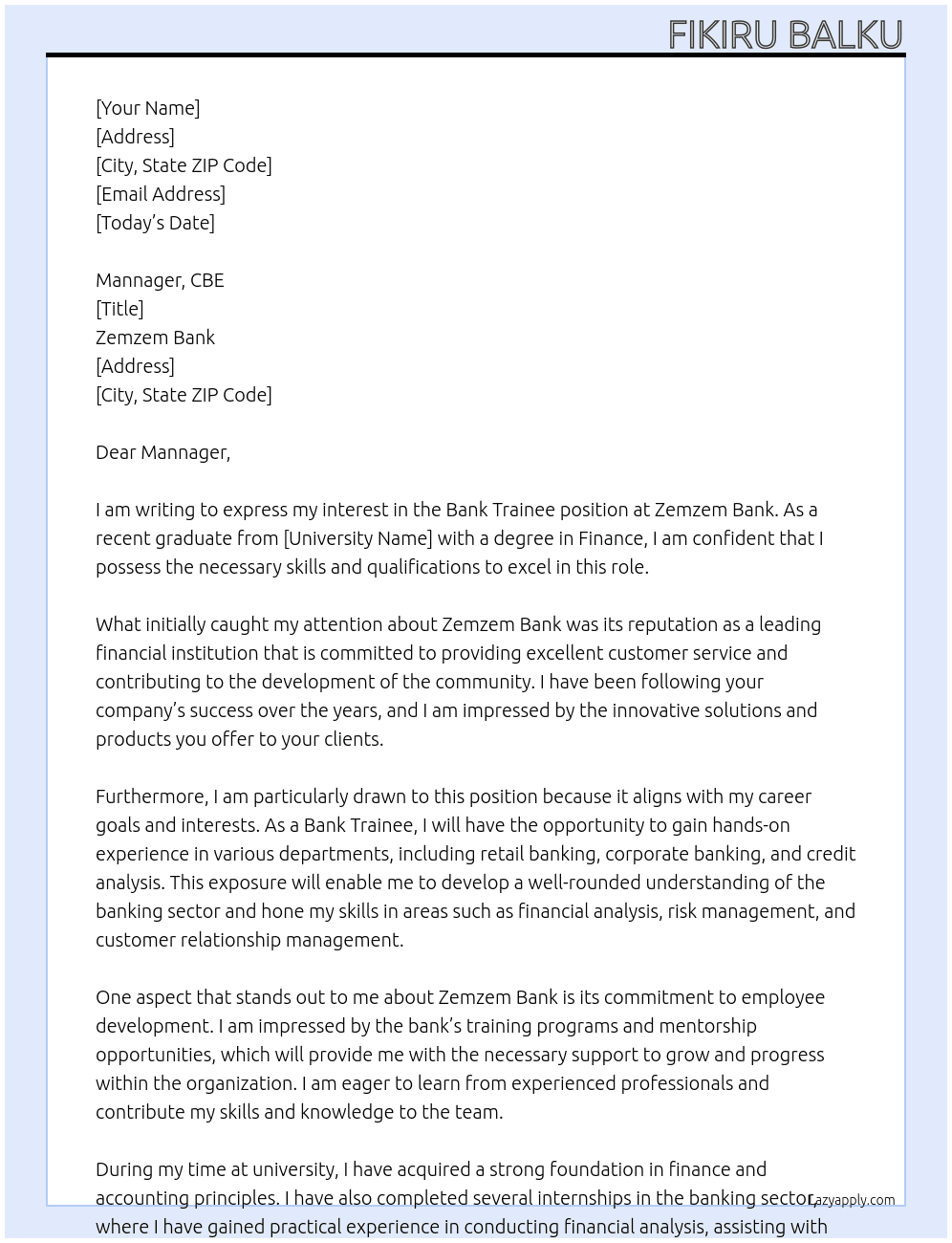 Bank Trainee At Zemzem bank Cover Letter