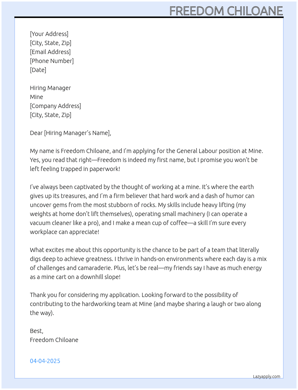 General labour At Mine Cover Letter