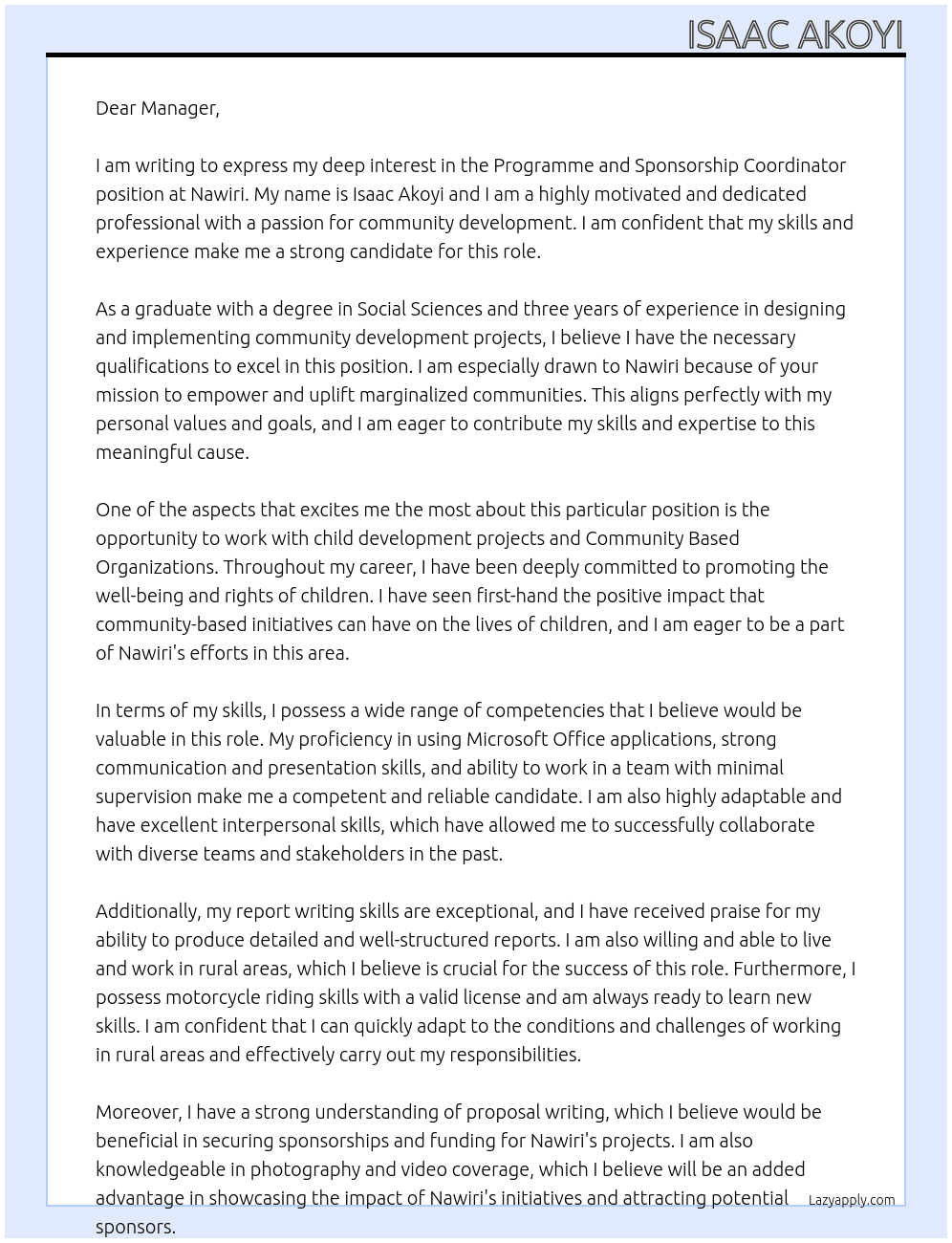 Programme and Sponsorship Coordinator At Nawiri Cover Letter