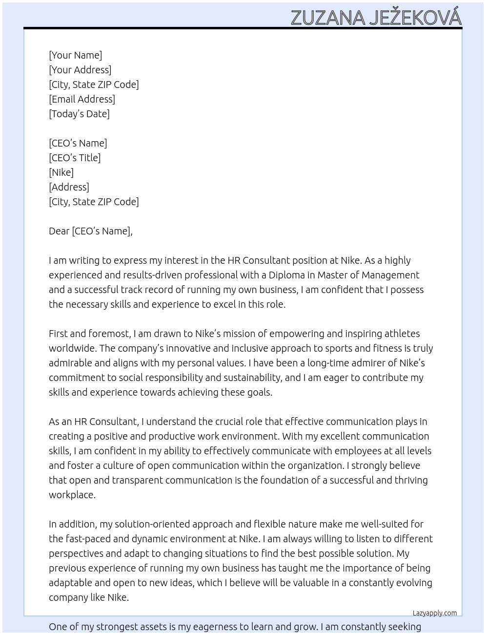HR Consultant At Nike  Cover Letter