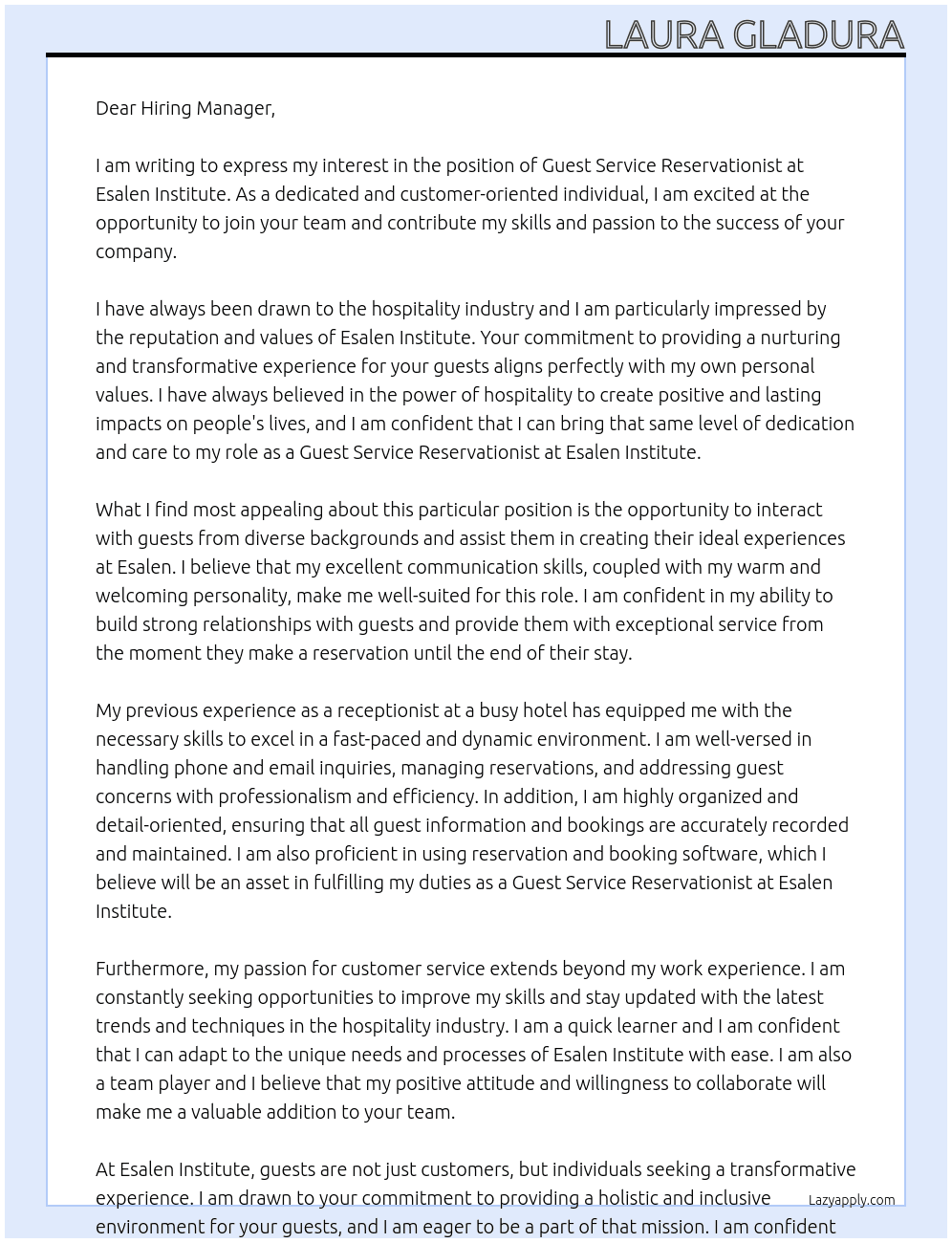 Guest Service Reservationist At Esalen Institute Cover Letter