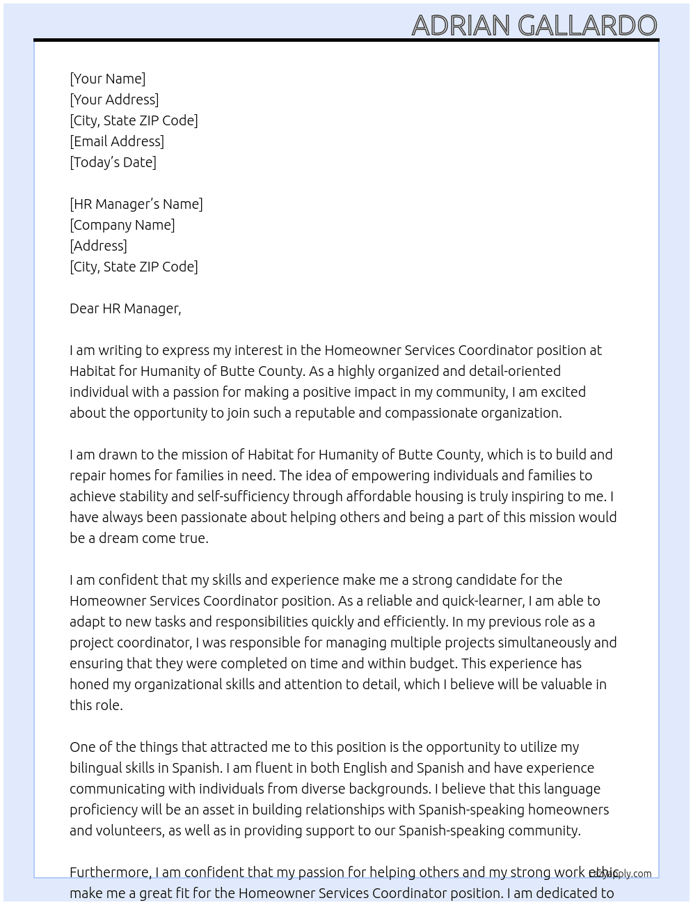 Homeowner Services Coordinator At Habitat for Humanity of Butte County Cover Letter