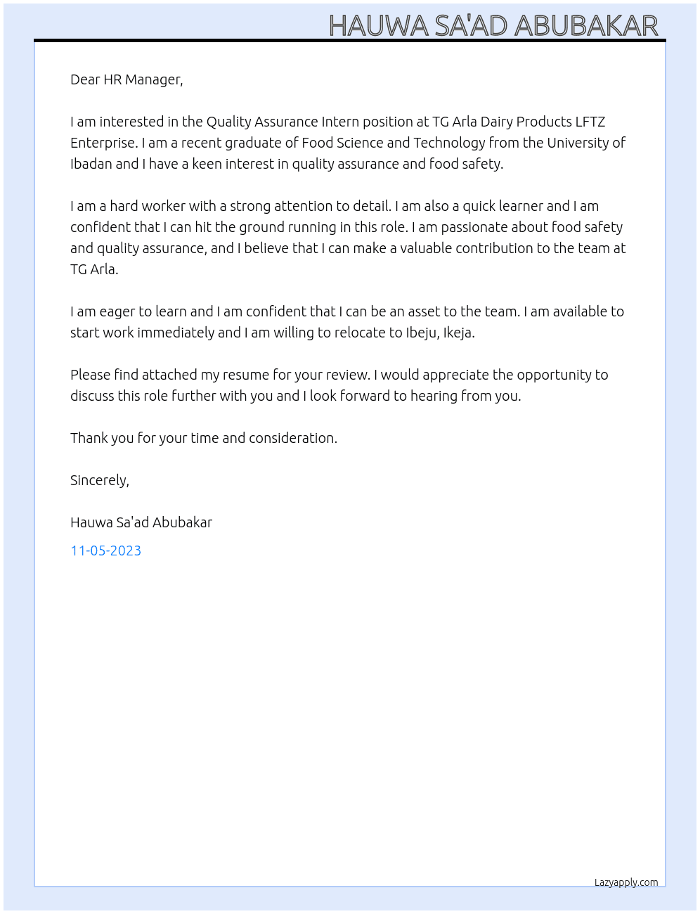 Quality Assurance Intern At TG Arla Dairy Products  LFTZ Enterprise  Cover Letter