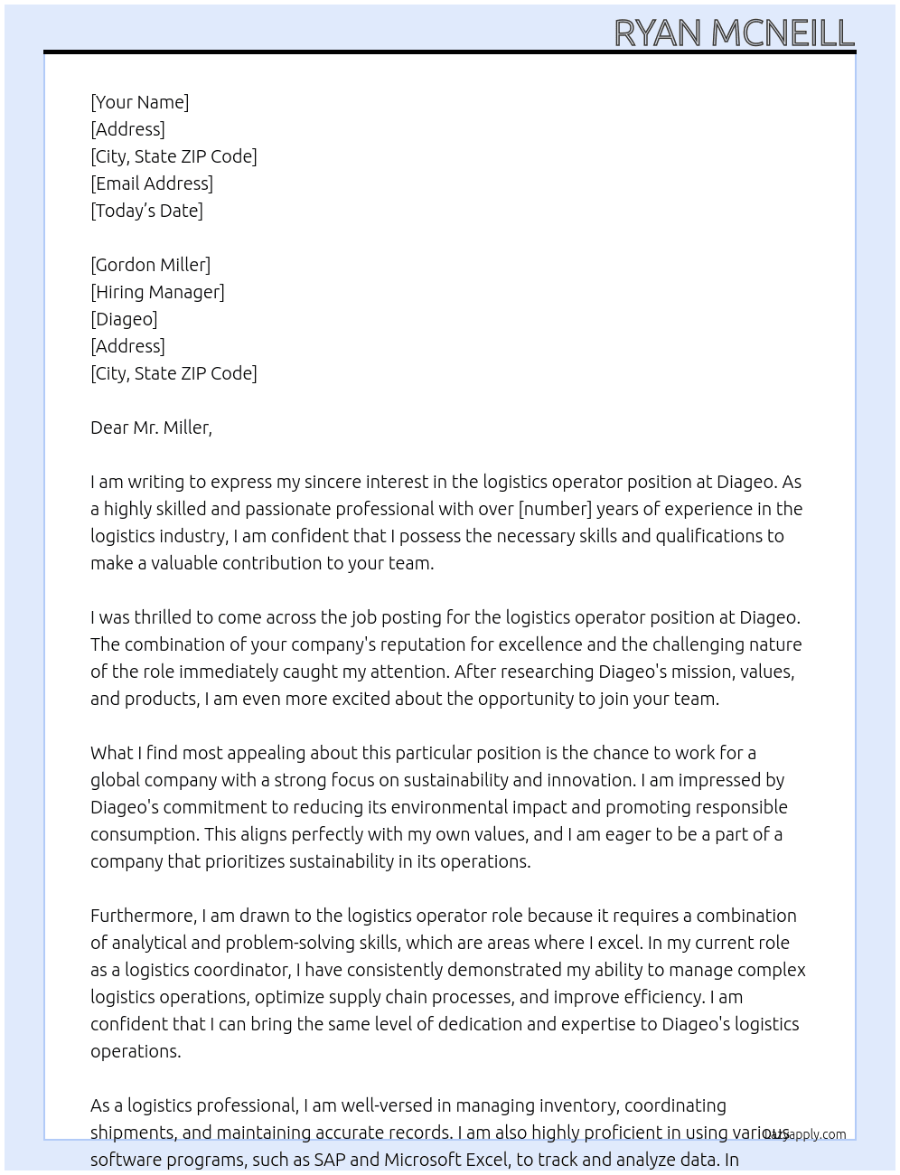 logistics operator At diageo Cover Letter