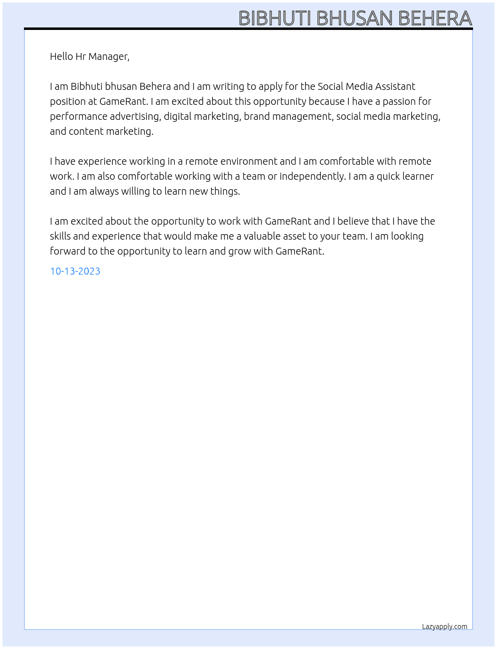 Social Media Assistant At GameRant Cover Letter