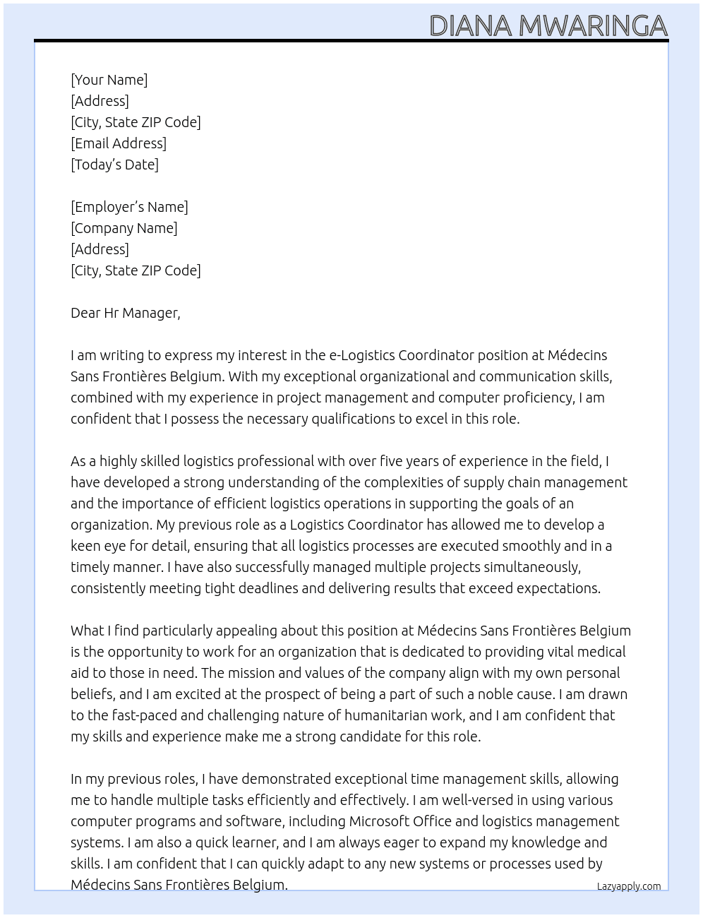 e - Logistics Coordinator At Médecins Sans Frontières Belgium Cover Letter