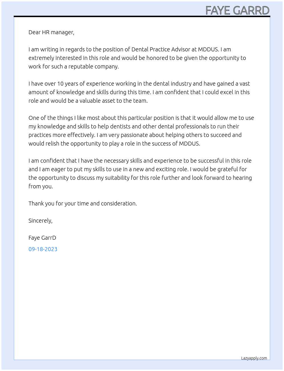 Dental Practice Advisor At MDDUS Cover Letter
