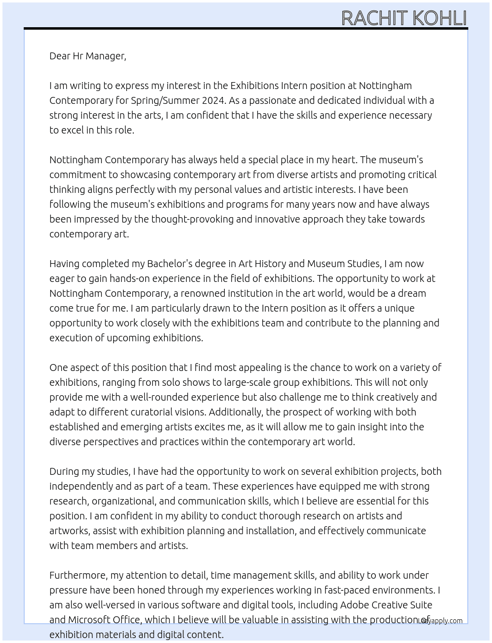 Exhibitions Intern (Spring / Summer 2024) At Nottingham Contemporary Cover Letter