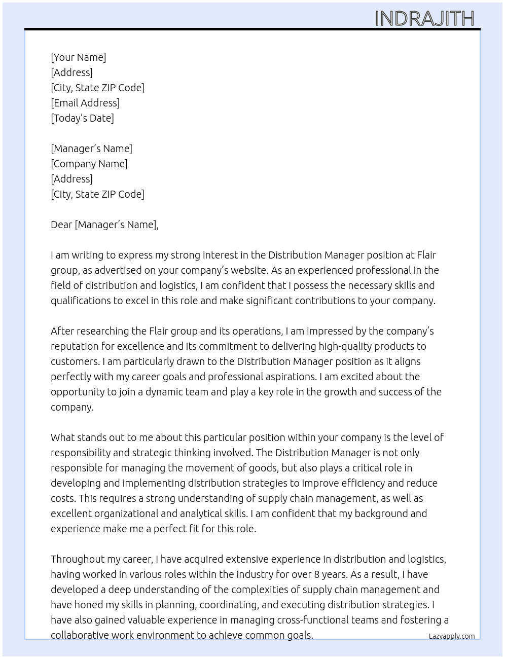 Distribution  At Flair group  Cover Letter