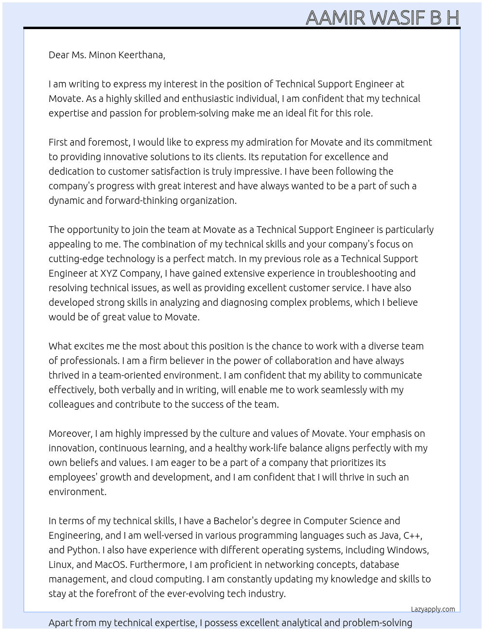 Technical Support Engineer At Movate Cover Letter