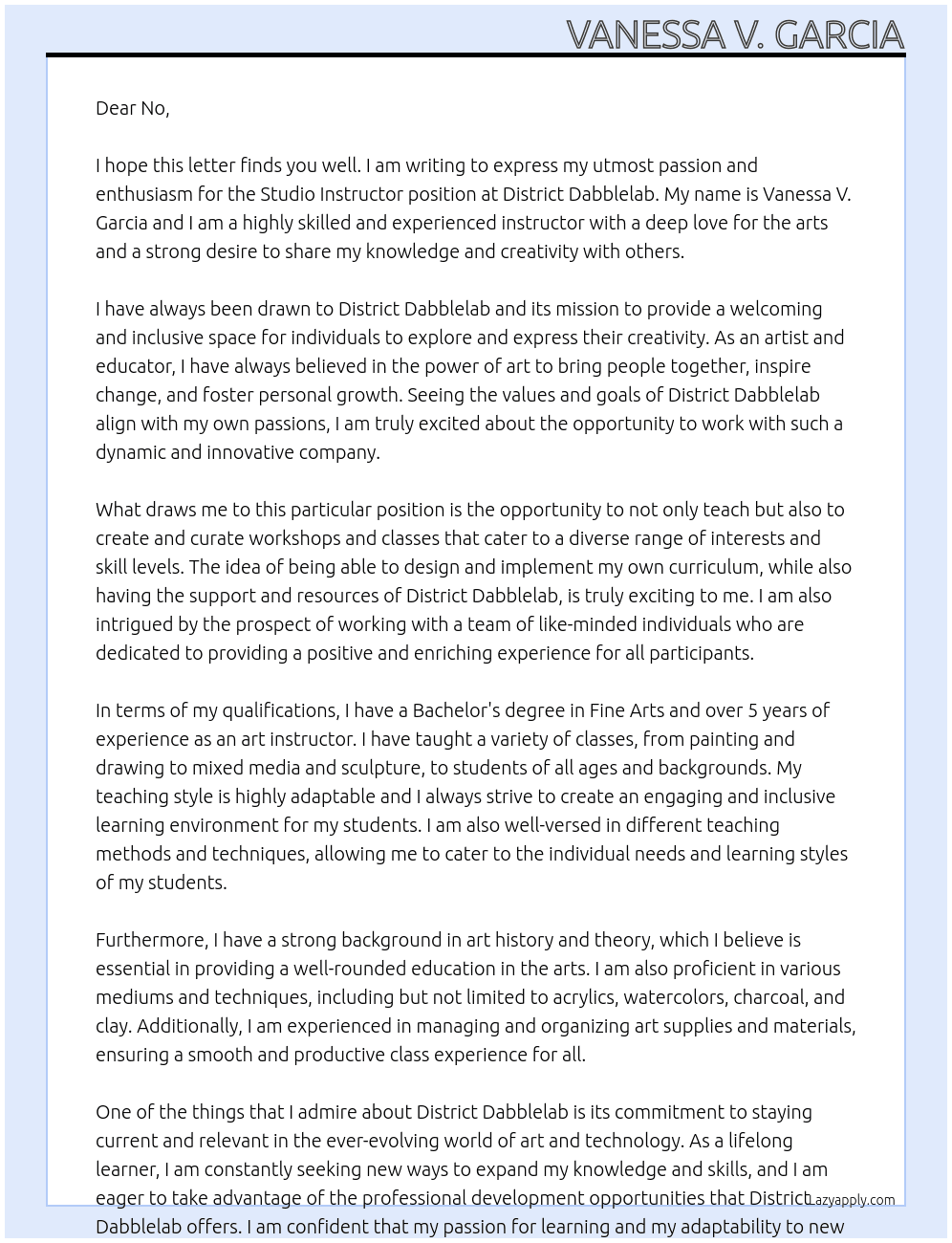 Studio instructor  At District Dabblelab Cover Letter