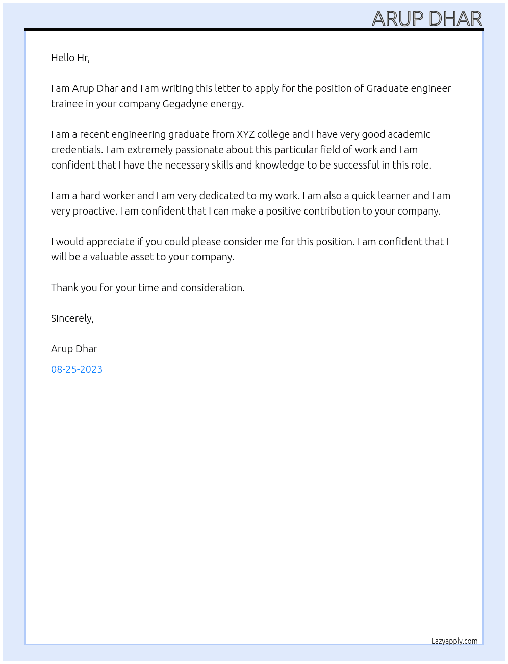 Graduate engineer trainee At Gegadyne energy Cover Letter