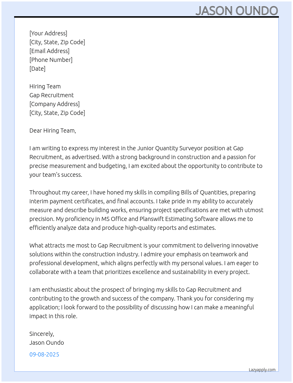 Cover letter for junior quantity surveyor - LazyApply