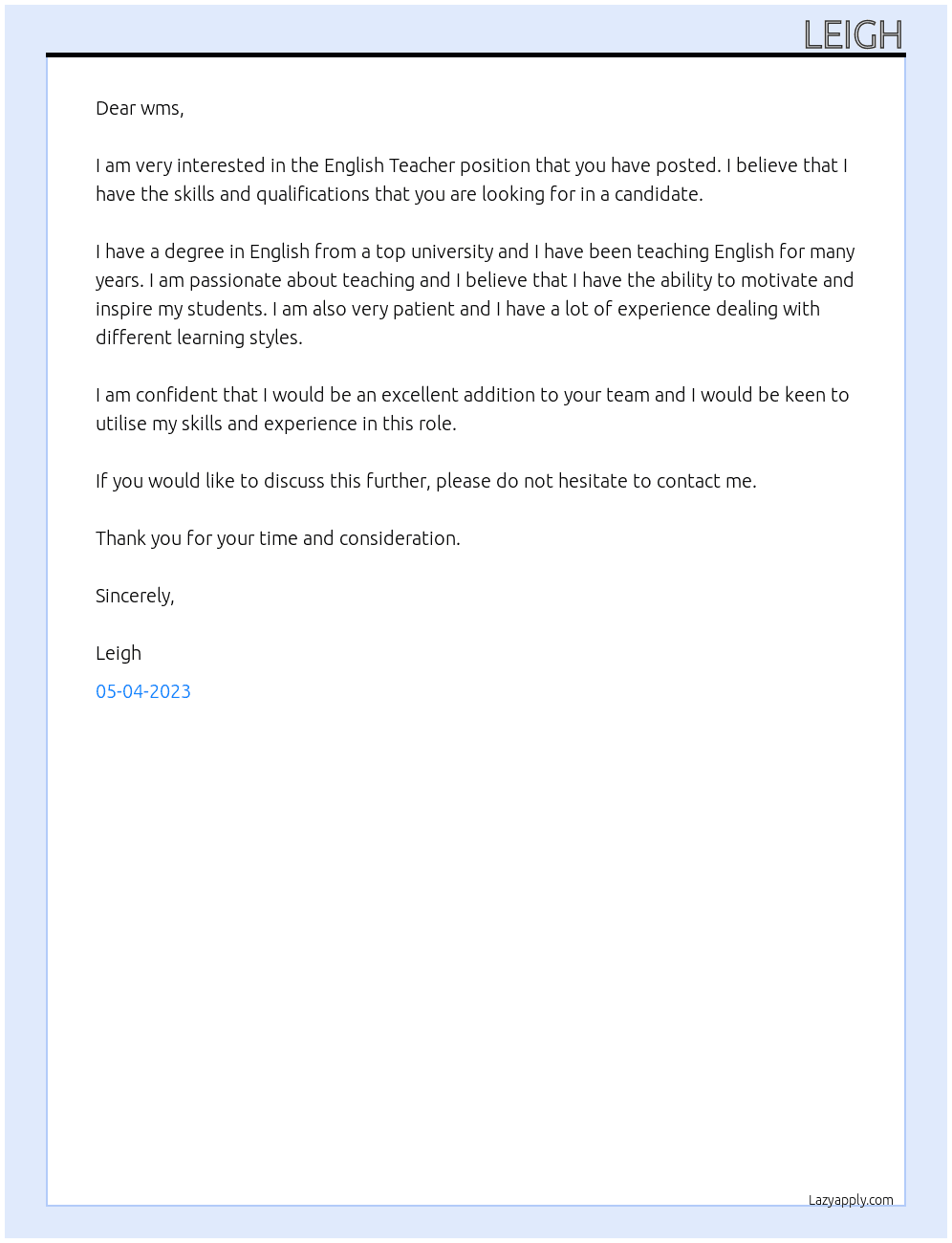 Appreciate teacher At wms Cover Letter