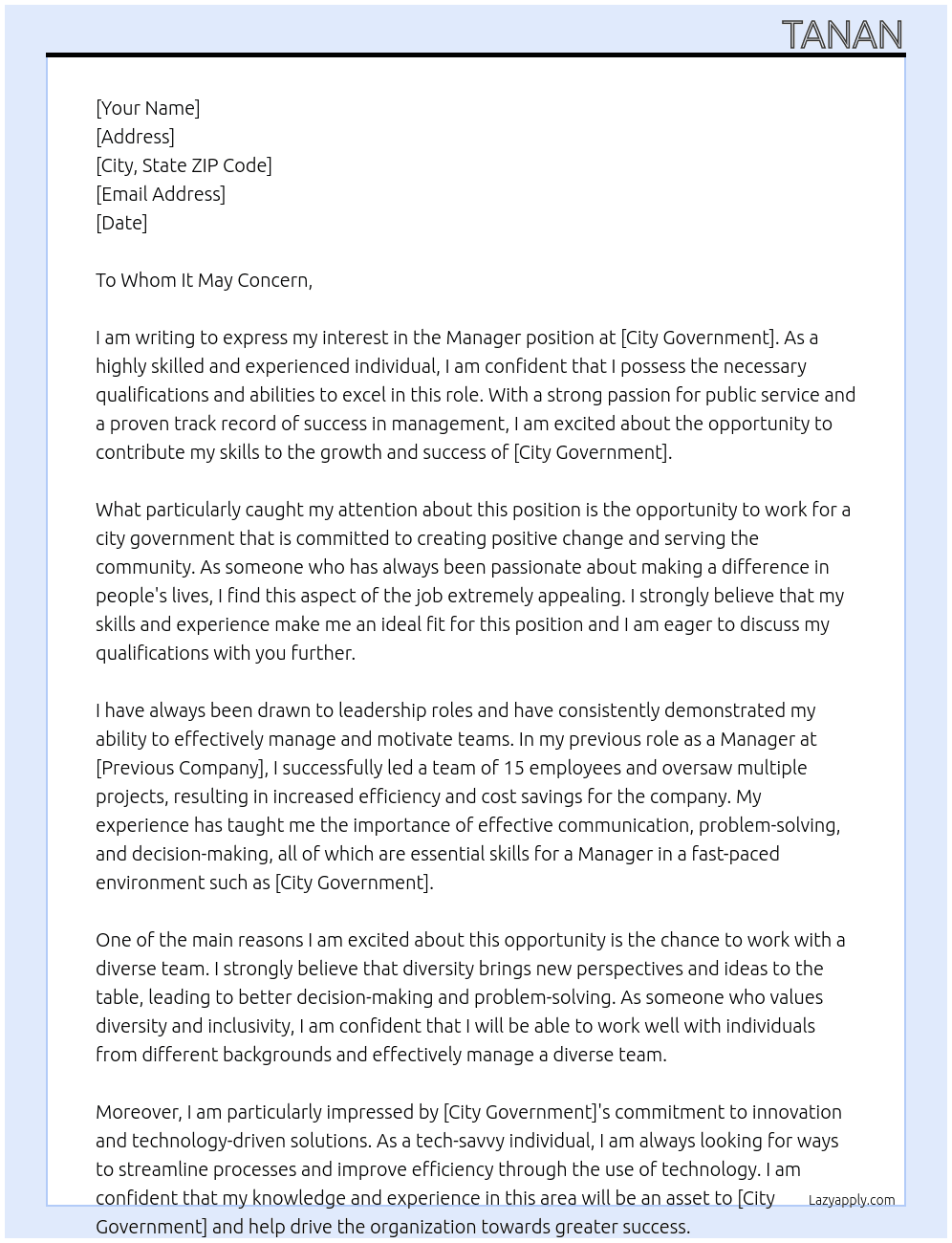 manager At city government Cover Letter