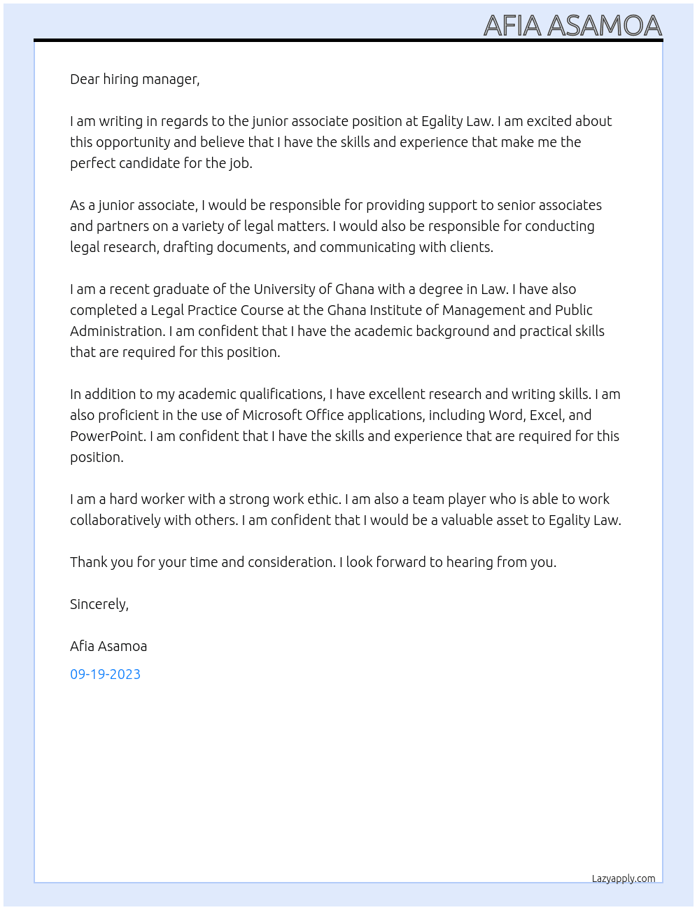 junior associate At Egality Law Cover Letter
