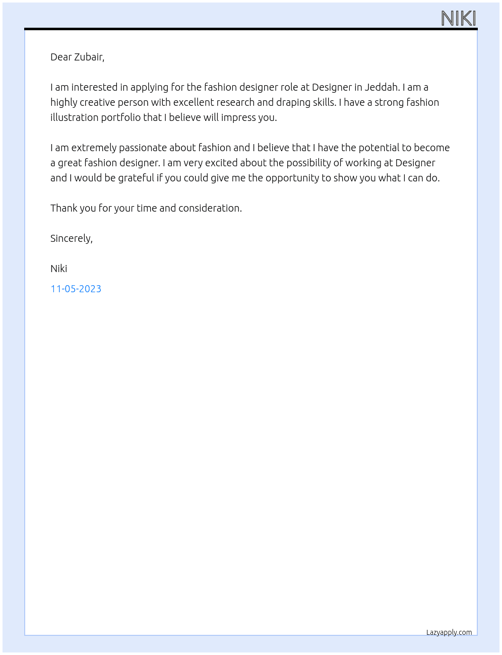 Fashion designer  At Designer  Cover Letter