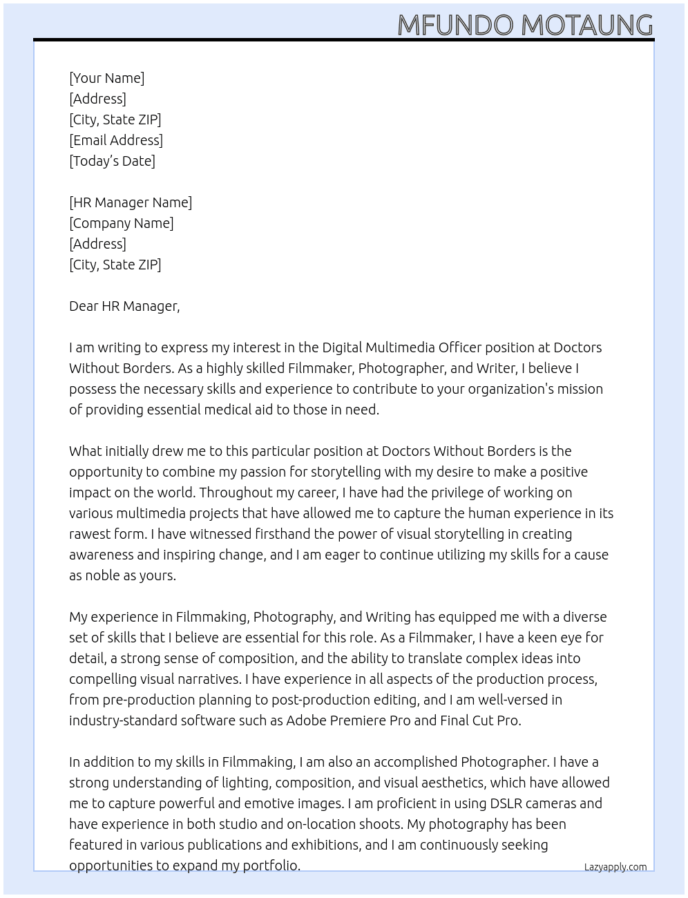Digital Multimedia Officer At Doctors Without Borders Cover Letter