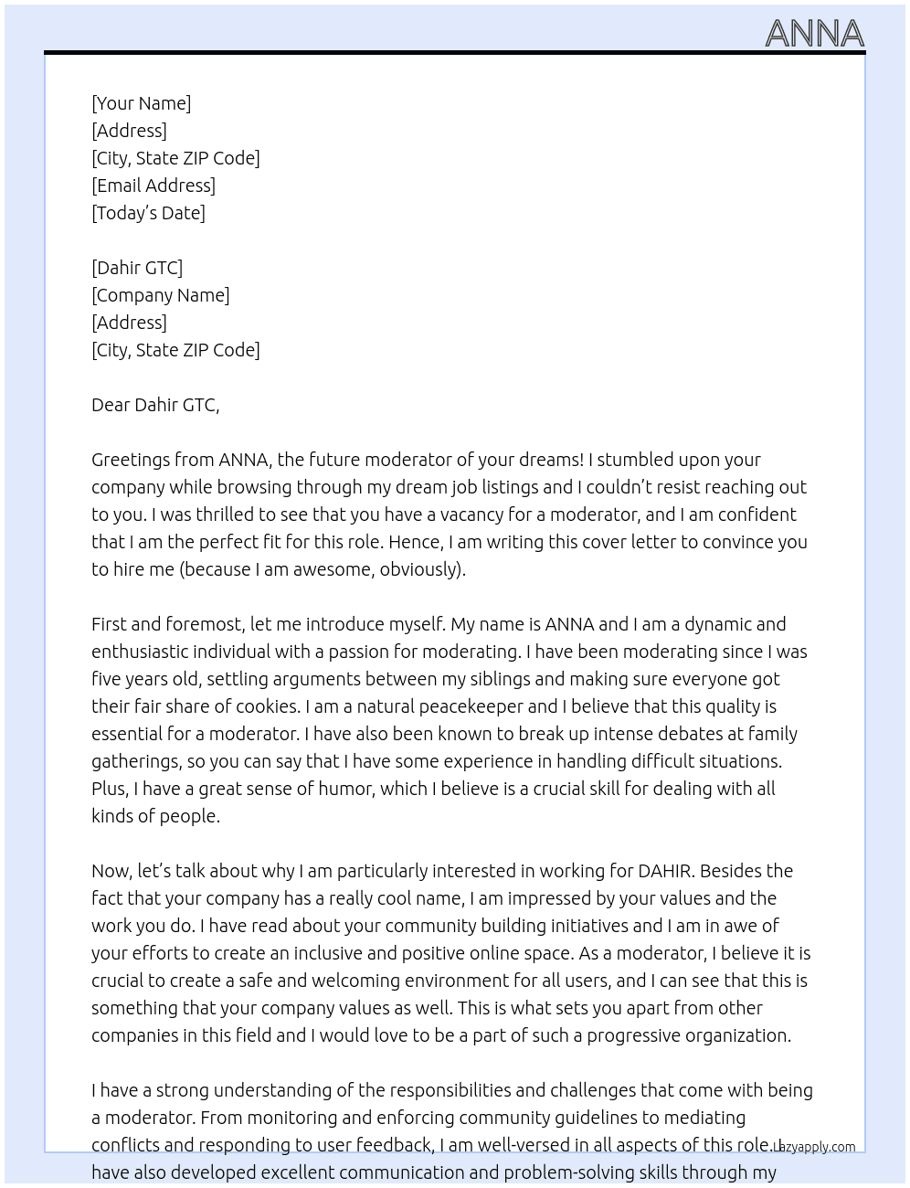 moderator At DAHIR Cover Letter