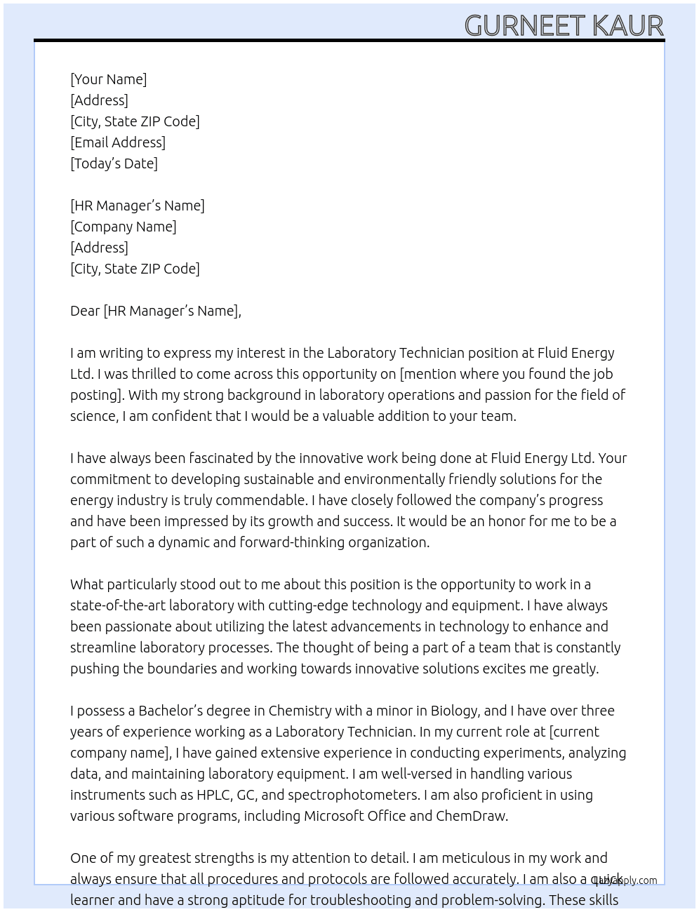 Laboratory Technician At Fluid Energy Ltd. Cover Letter
