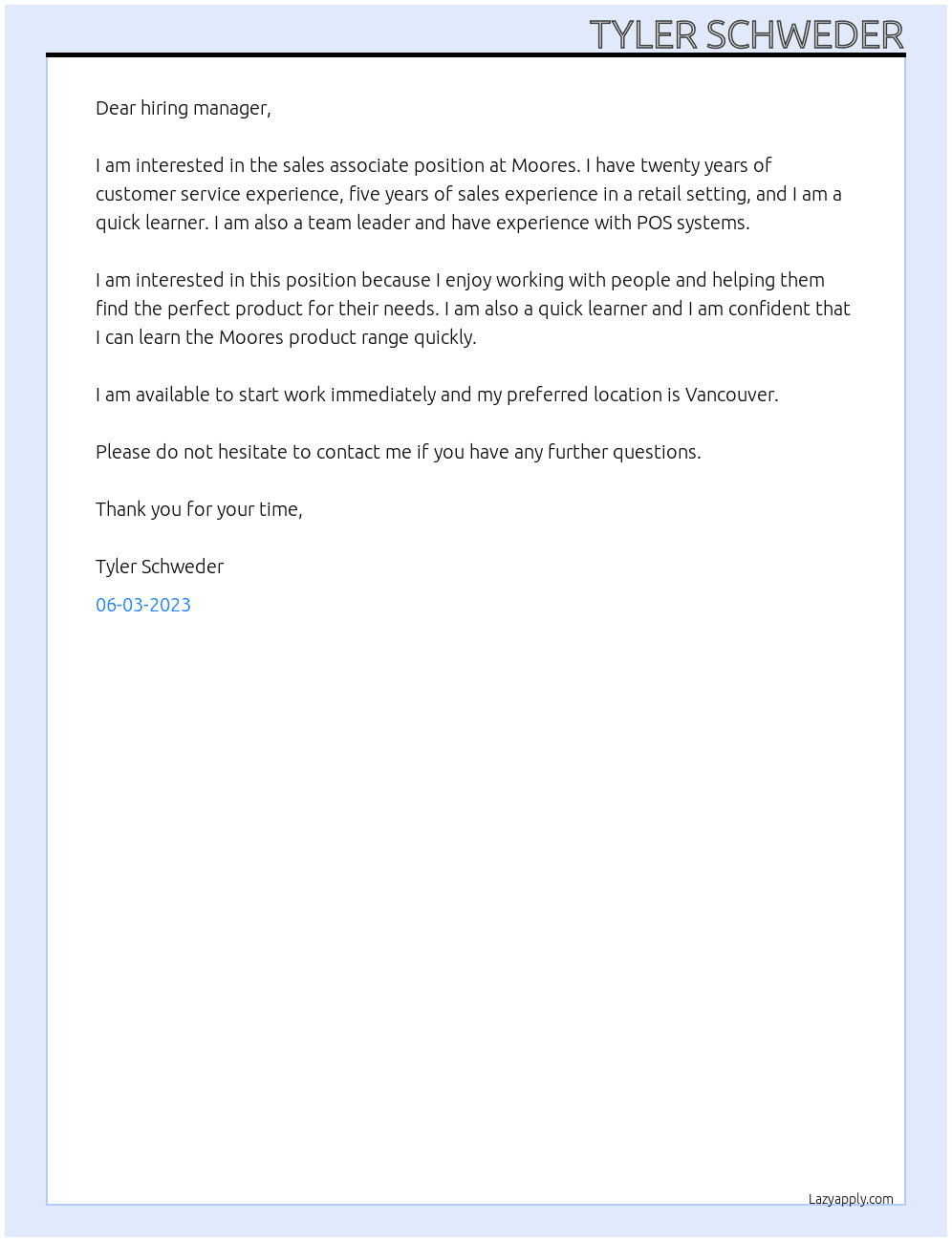 sales associate  At moores Cover Letter