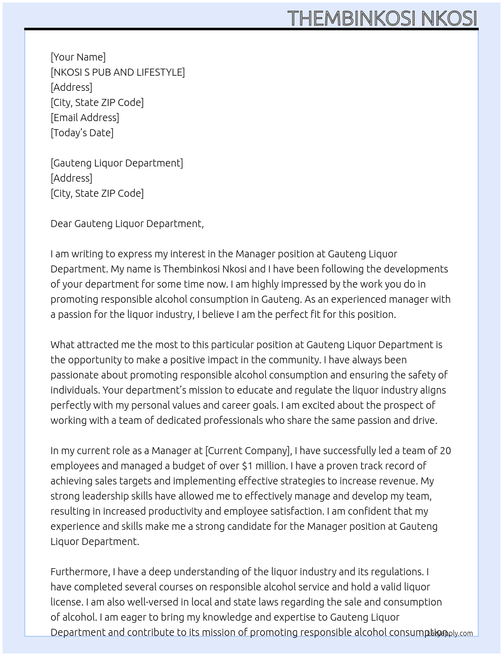 Manager At NKOSI S PUB AND LIFESTYLE Cover Letter