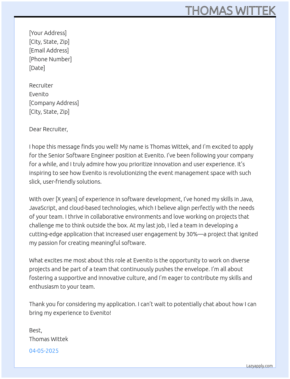 Senior Software Engineer At Evenito Cover Letter