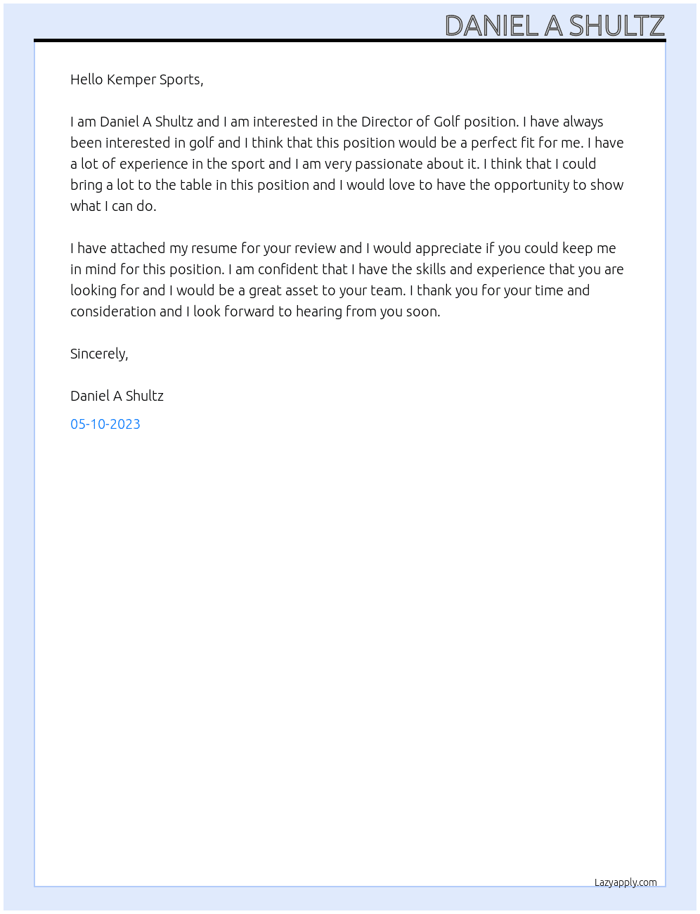 Director of Golf At Kemper Sports Cover Letter