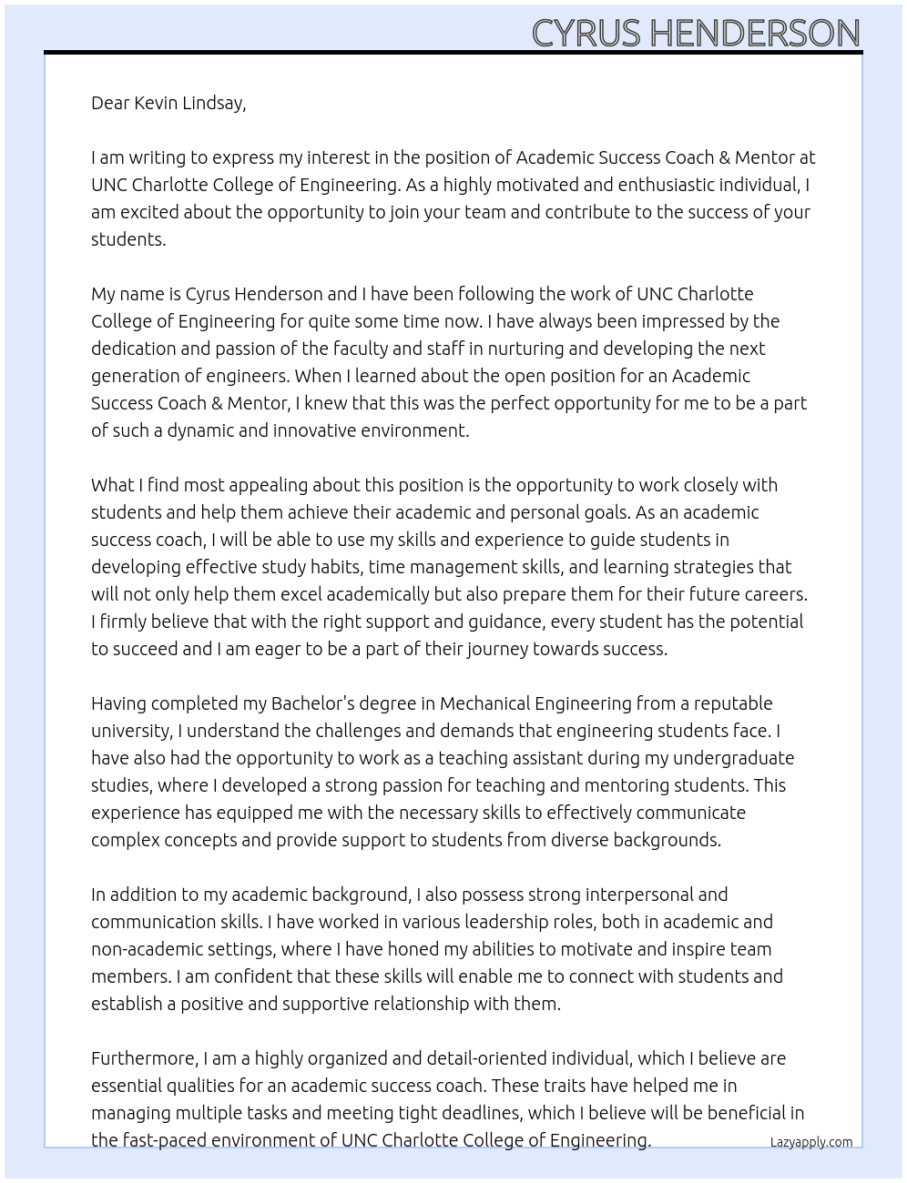 Academic Success Coach & Mentor At UNC Charlotte College of Engineering Cover Letter