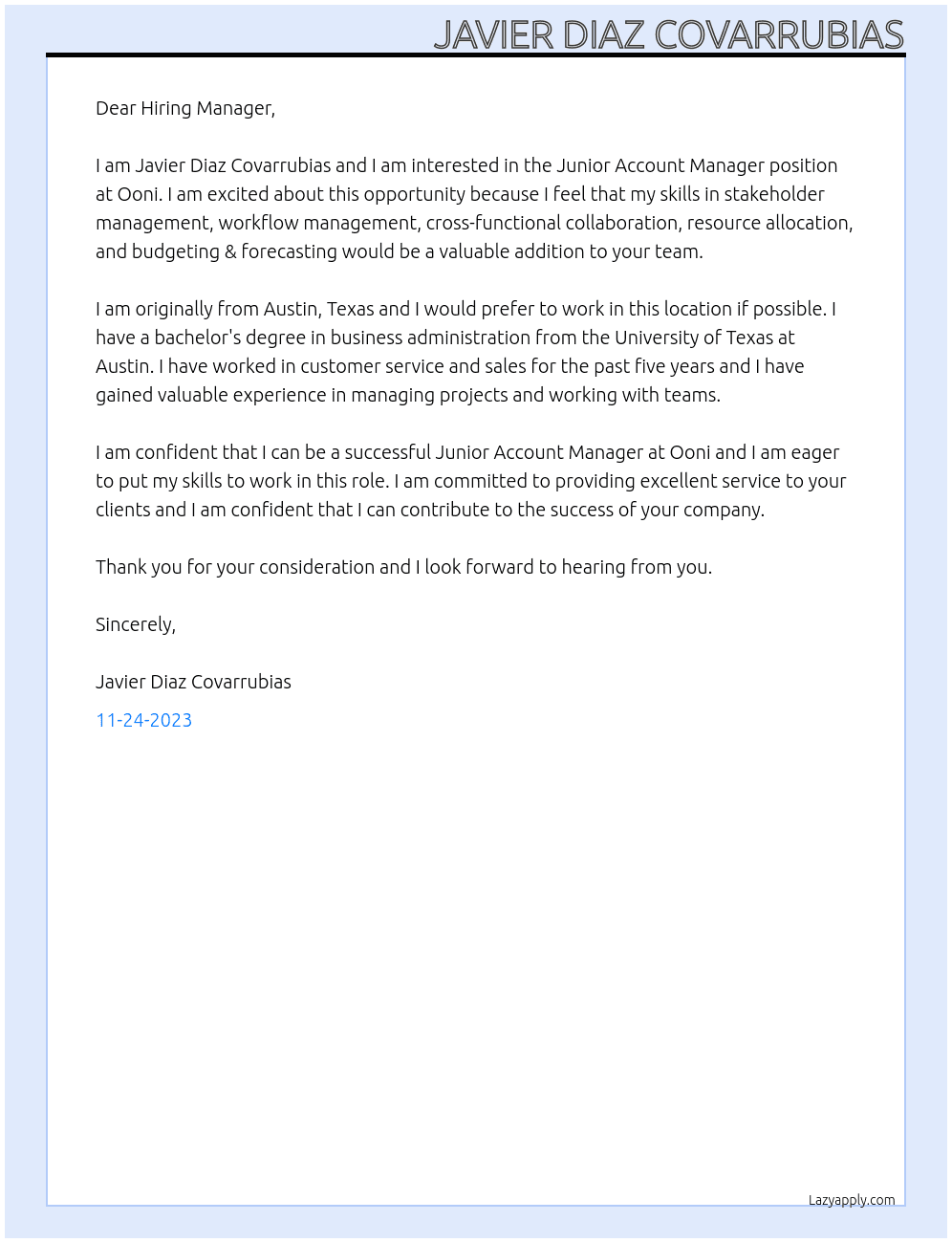 Junior Account Manager At Ooni Cover Letter