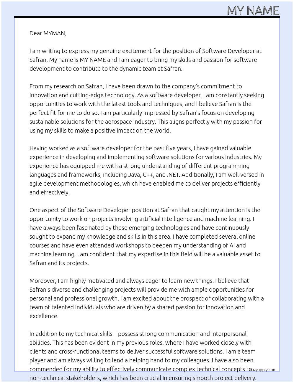 Software developer At Safran Cover Letter