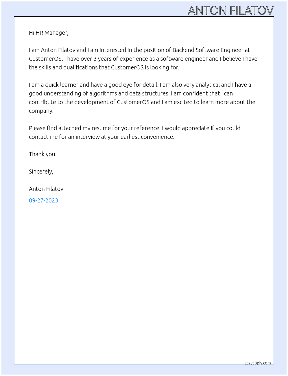 Backend Software Engineer At CustomerOS Cover Letter