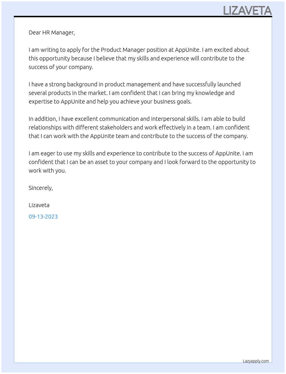 Product Manager At AppUnite Cover Letter