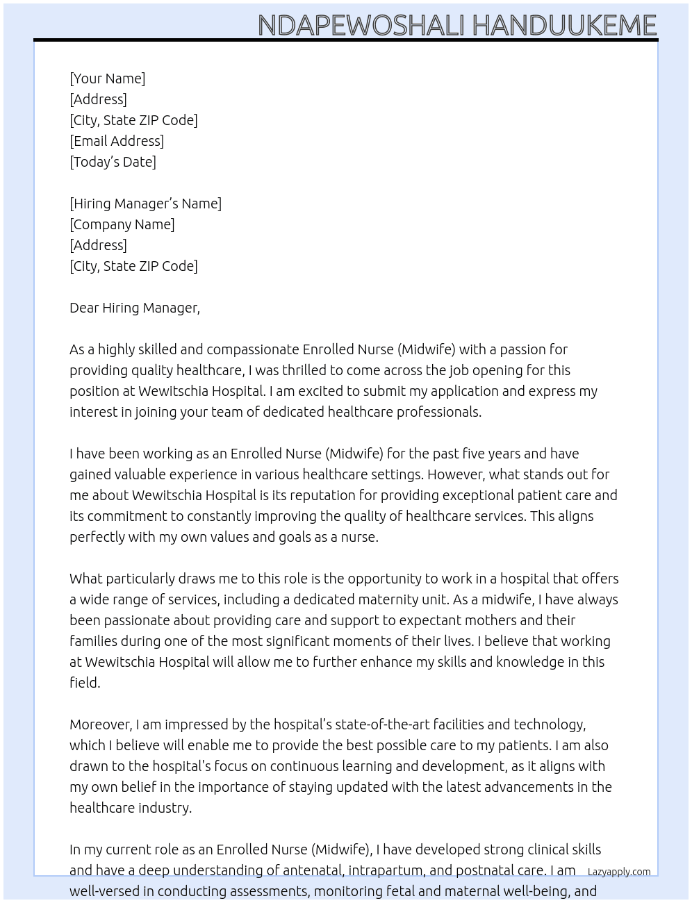 ENROLLED NURSE (MIDWIFE) At WEWITSCHIA HOSPITAL  Cover Letter