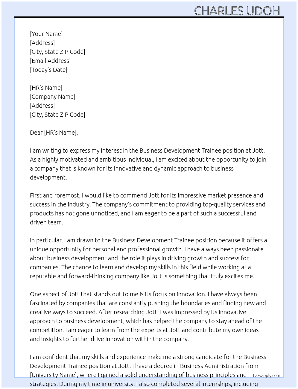 Business Development Trainee  At Jott Cover Letter