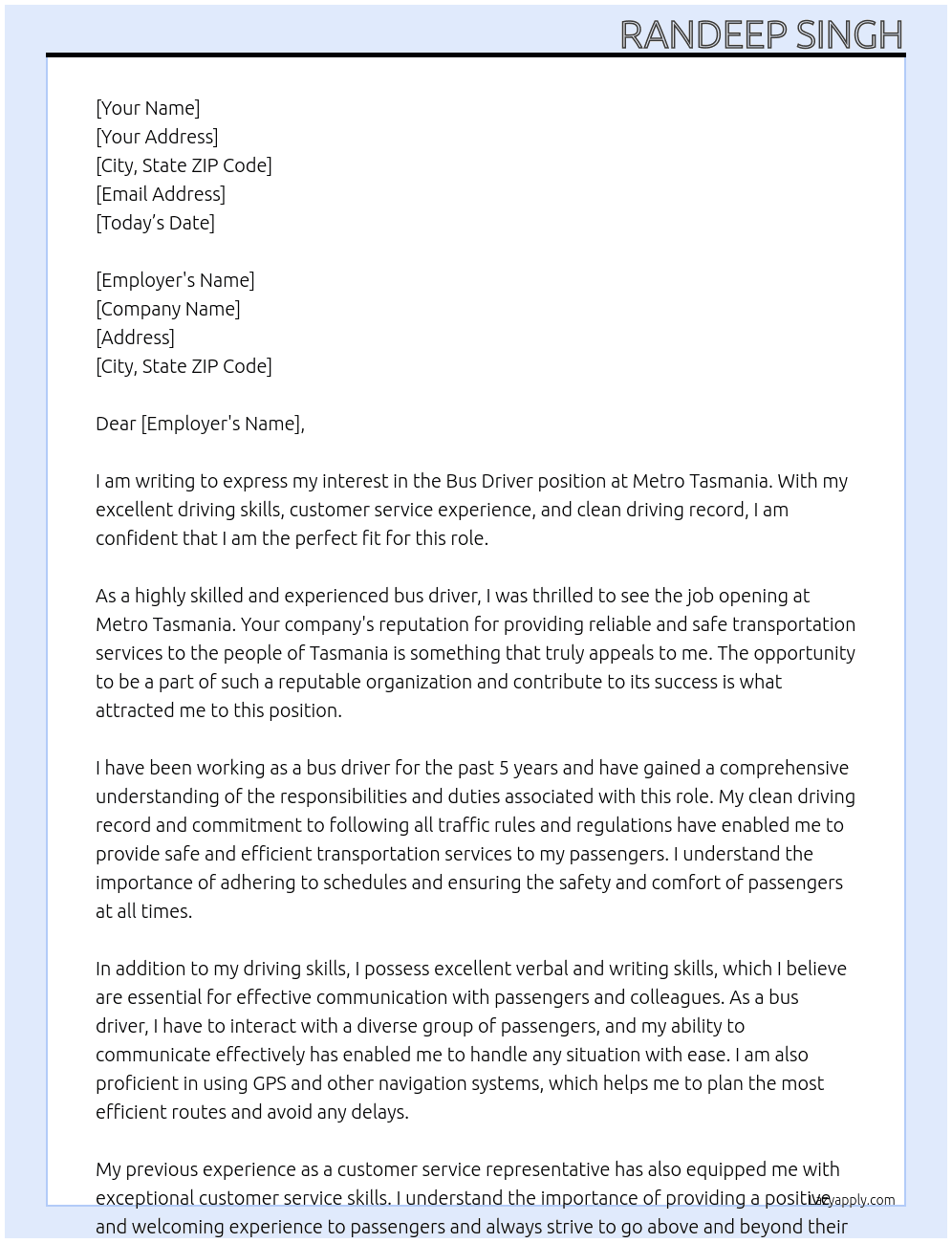 Bus driver At Metro tasmaina Cover Letter