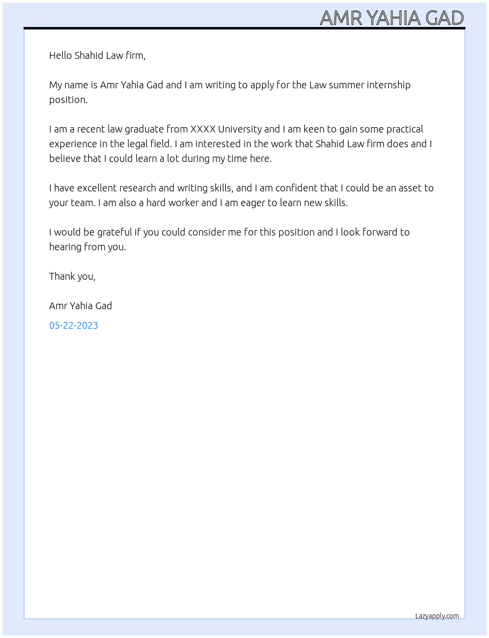 Law summer internship  At Shahid Law firm Cover Letter