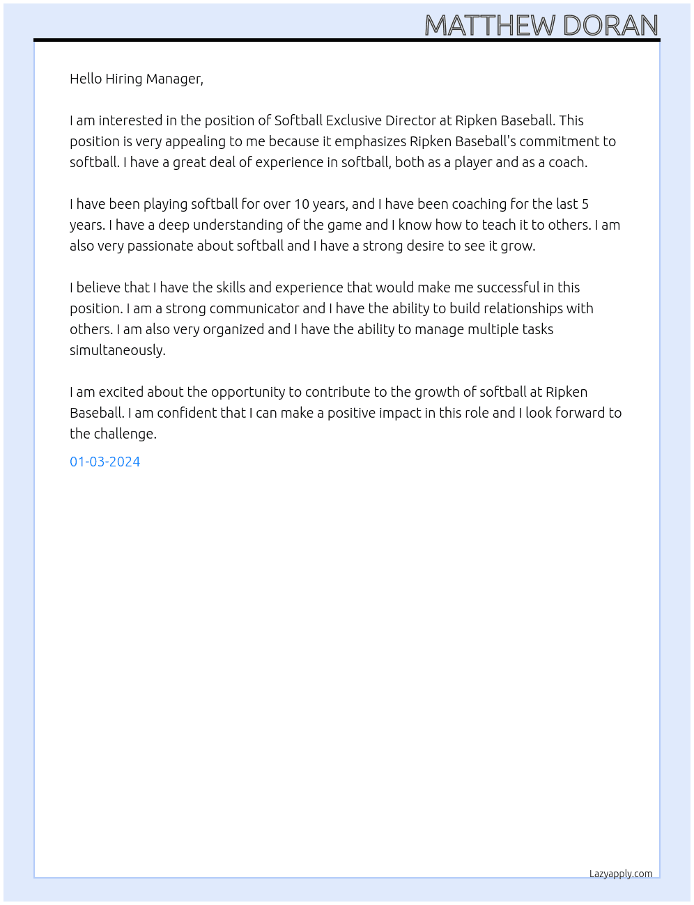 Softball Exclusive Director At Ripken Baseball Cover Letter